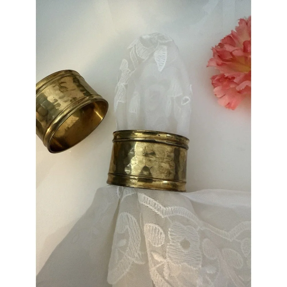 Vintage Set of 2 Solid Hammered Brass Oval Napkin Rings Made in India Sturdy GUC